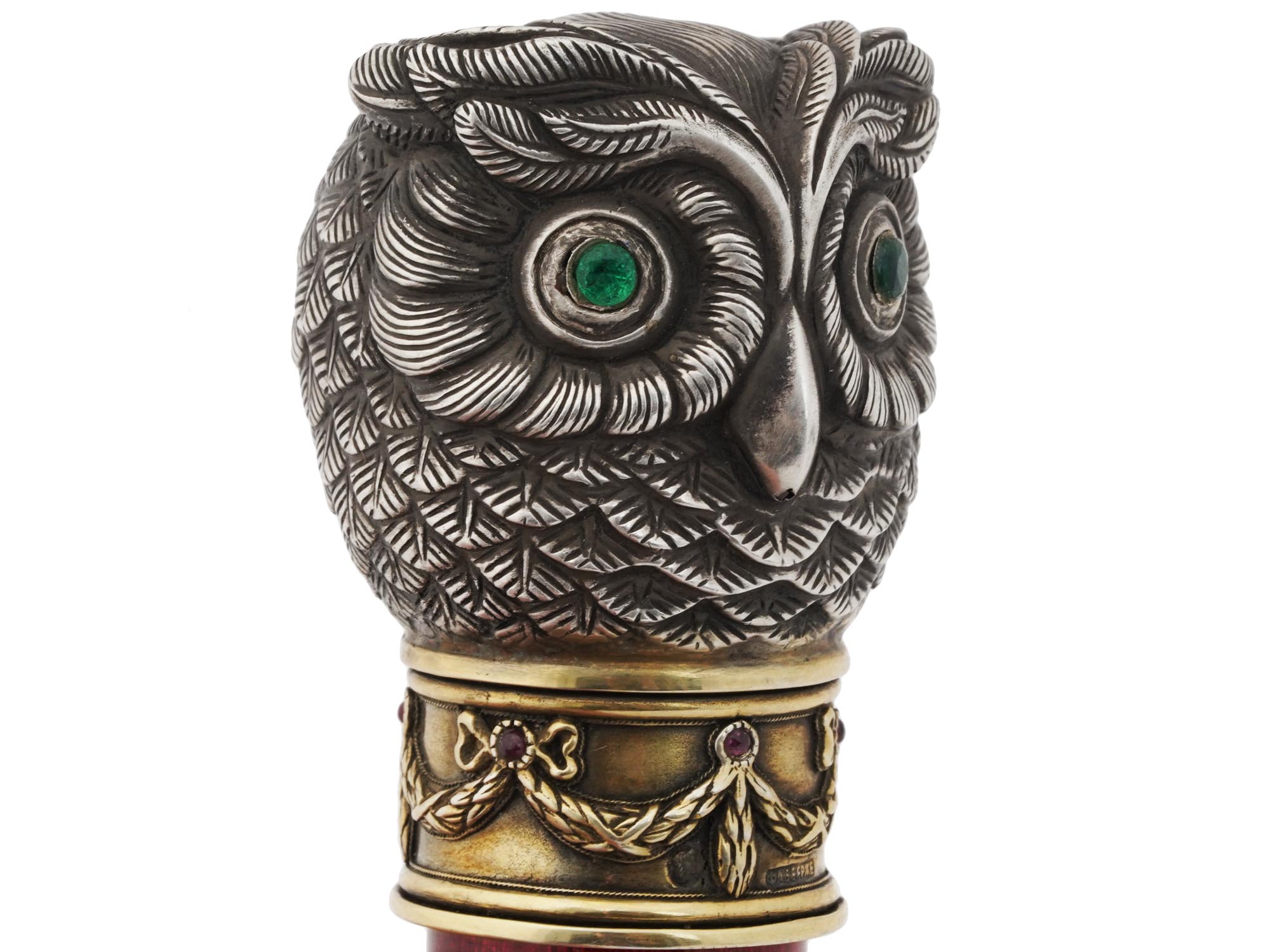 RUSSIAN SILVER ENAMEL GEMSTONES OWL CANE HANDLE PIC-3